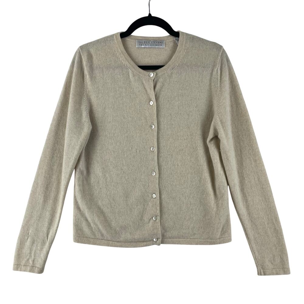 VTG Valerie Stevens Womens Two Ply Cashmere Cardigan SZ M Oatmeal Beige Crewneck